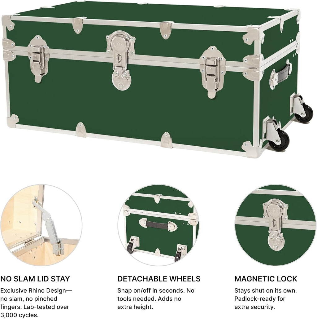 Rhino Trunk & Case Classic Camp & College Trunk with Wheels. 30'x17'x13', 1500+ lbs Capacity - Many Colors, Soft-Close Lid. Strong, USA Made Summer Camp Footlocker and Secure Dorm Storage Chest