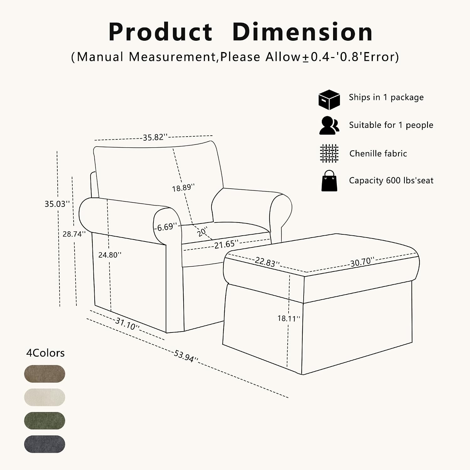 35.82' Accent Chair with Ottoman Set Upholstered Living Room Chairs for Reading Chair with Chaise Lounge Chairs Indoor, Comfortable Armchair for Bedroom (Beige, 35.82')