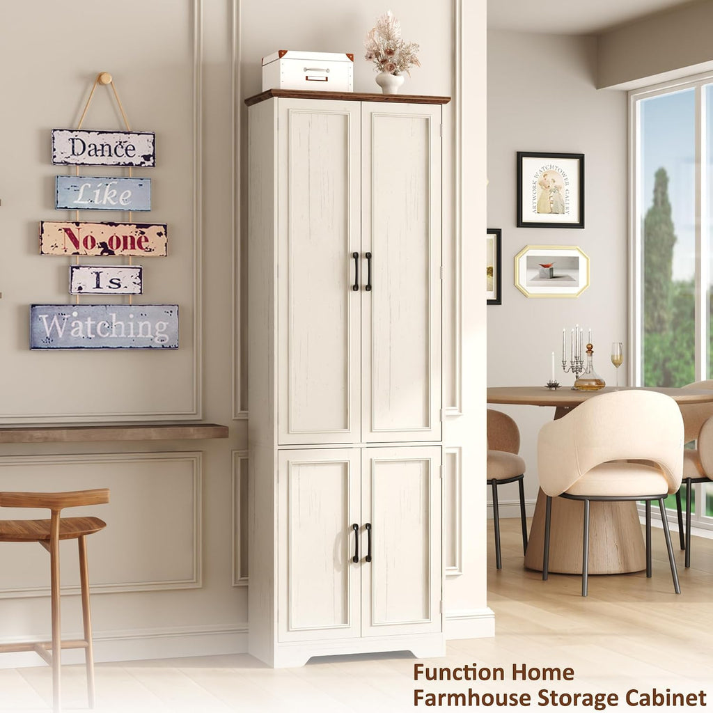 Function Home Farmhouse Kitchen Pantry Cabinet, 72' Tall Storage Cabinet with Doors and Adjustable Shelves, 6 Tier Freestanding Cupboard for Dining Room Living Room Bathroom, Antique White & Brown Top