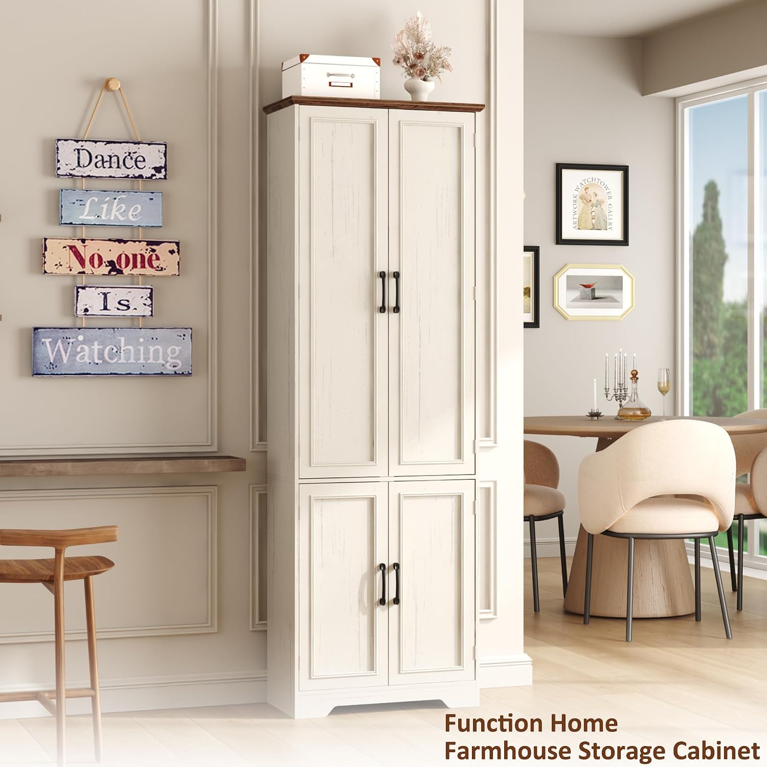 Function Home Farmhouse Kitchen Pantry Cabinet, 72' Tall Storage Cabinet with Doors and Adjustable Shelves, 6 Tier Freestanding Cupboard for Dining Room Living Room Bathroom, Antique White & Brown Top