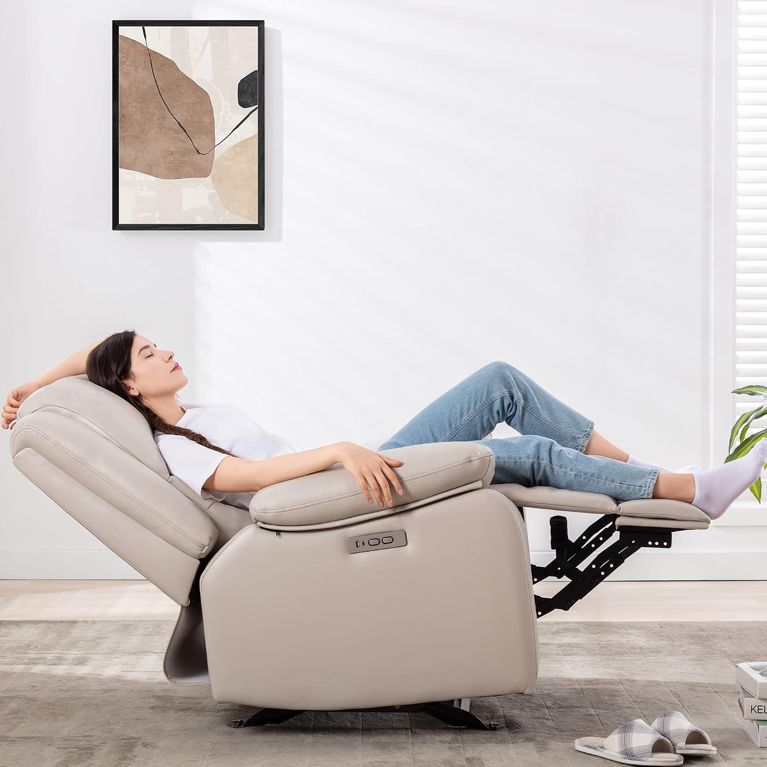Watson & Whitely Power Recliner Chair for Adults, Faux Leather Electric Reclining Chair for Living Room, Upholstered Recliner with USB Port, Dark Brown