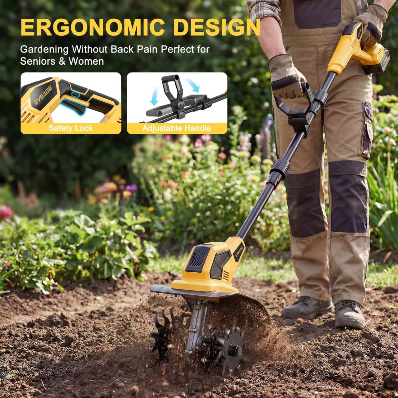 21V Cordless Tiller Cultivator, 2x4.0Ah Battery Powered Electric Garden Tiller, 360RPM Rototiller with 48 Steel Tines, 9.7' Width & 7' Depth, Lightweight Soil Tiller for Gardening