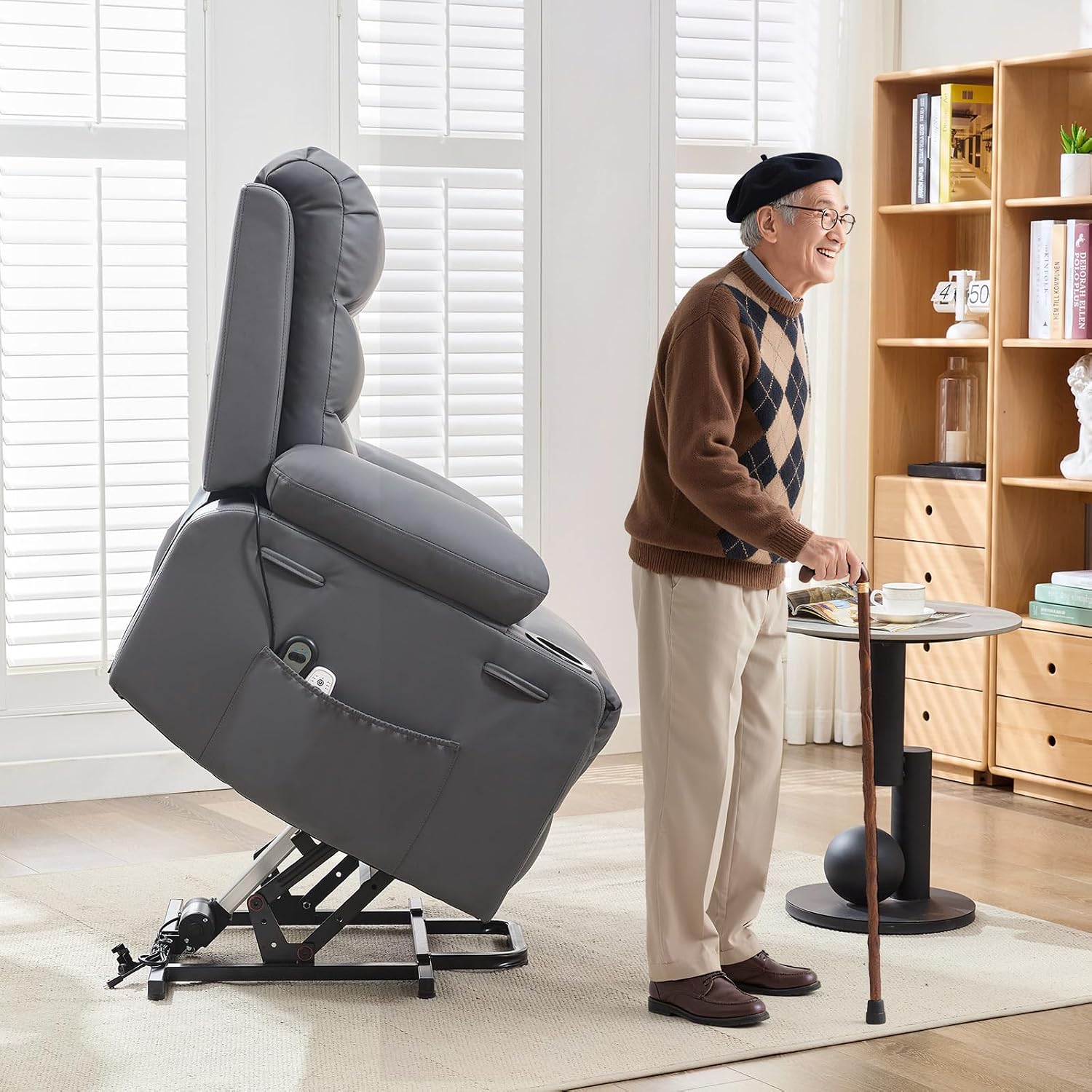 GarveeHome Power Lift Recliner Chair for Elderly, Oversized Electric Lift Chair with Heat and Massage, PU Leather Adjustable Recliner with Cup Holders & Side Pocket for Living Room, Gray