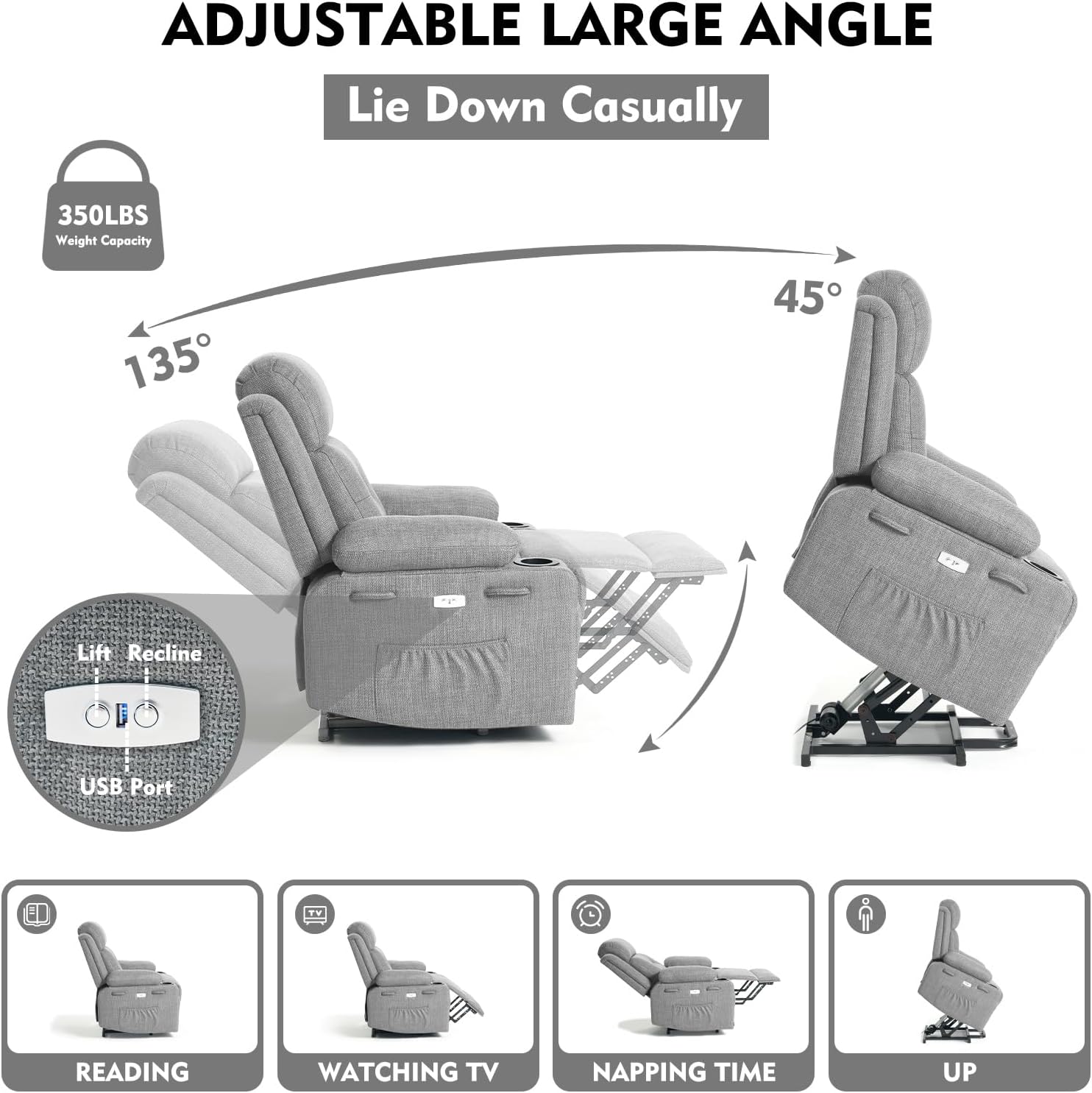 Polar Aurora Power Lift Chair for Elderly,Electric Recliner Chair with Heating and Vibrating Massage,Living Room Chair with Adjustable Back,Thickened armrest,USB Ports,2 Cup Holders,Gray