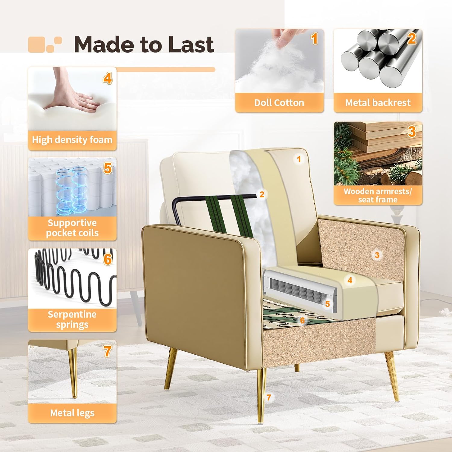 VINGLI PU Leather Accent Chairs Set of 2, Mid-Century Modern Living Room Chairs with Removable Cushions, Gold Legs, Upholstered Sofa Armchair for Bedroom, Office, Apartment, Play Room