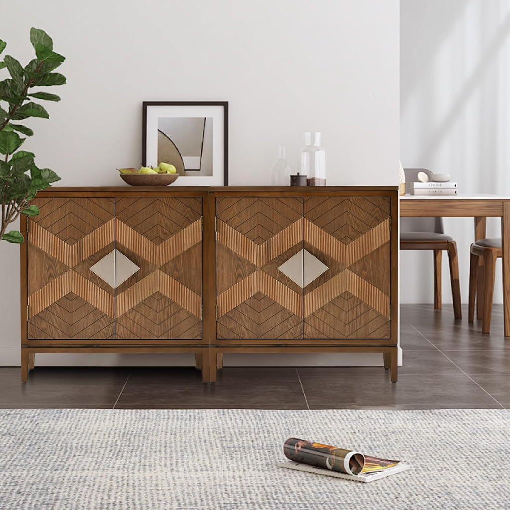 Ahokua Mid-Century Modern Wood Accent Cabinet with 2 Carved Doors, Geometric Storage Sideboard with Adjustable Shelf for Living Room, Hallway or Entryway, Brown