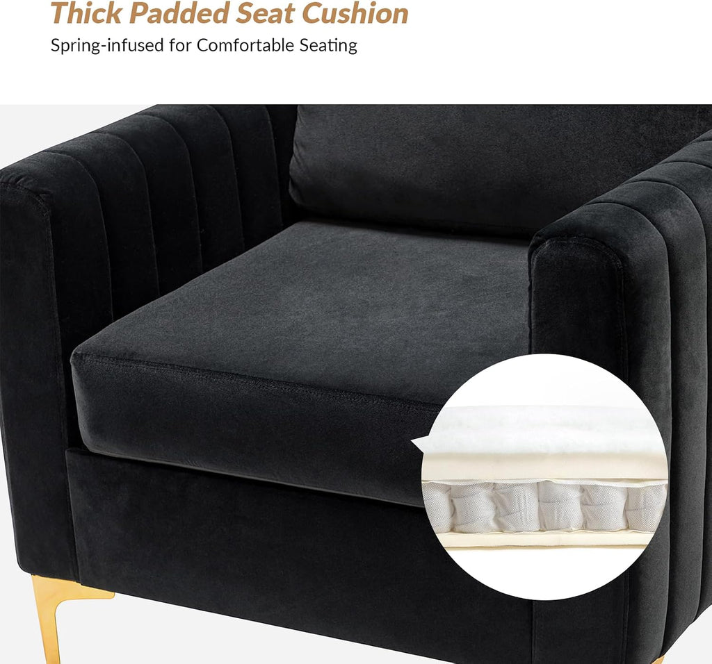 HULALA HOME Velvet Accent Club Chairs Set of 2, Modern Velvet Armchair Upholstered Accent Club Chairs Sofa Chairs with Gold Metal Legs Mid-Century Barrel Leisure Comfy Reading Armchair, Black