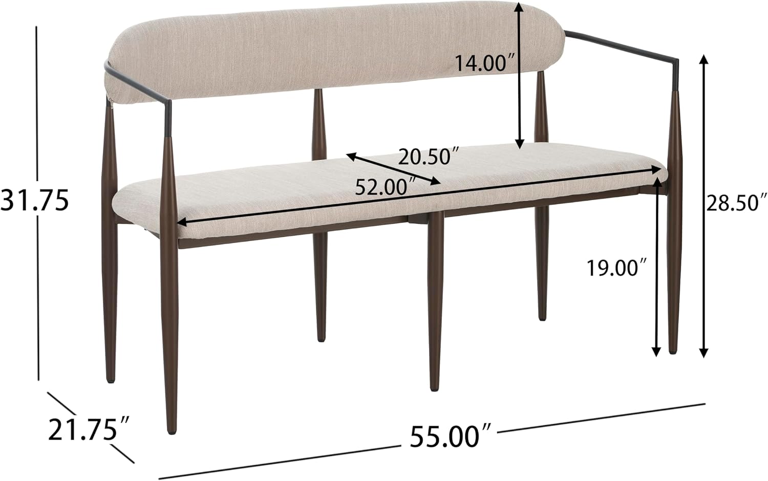 Christopher Knight Home Names Modern Metal Loveseat, Living Room Fabric Upholstered Settee, Curved Open Backrest 2-Seater Sofa, Cozy Couch for Bedroom, Apartment, Home Office, Black+Coffee+Beige
