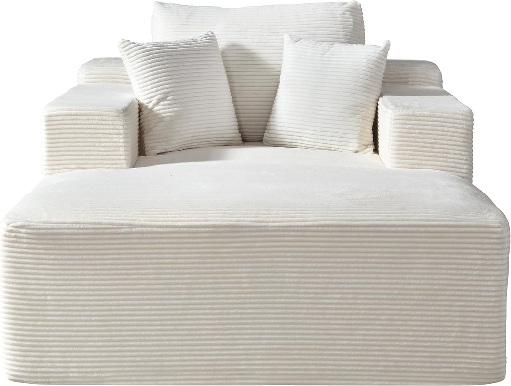 Container Furniture Direct Dawson Convertible Chaise Lounge Chair Indoor – Oversized Corduroy Couch with Wide Armrest & Throw Pillows, Cozy Boneless Sleeper Sofa Bed Armchair, Beige