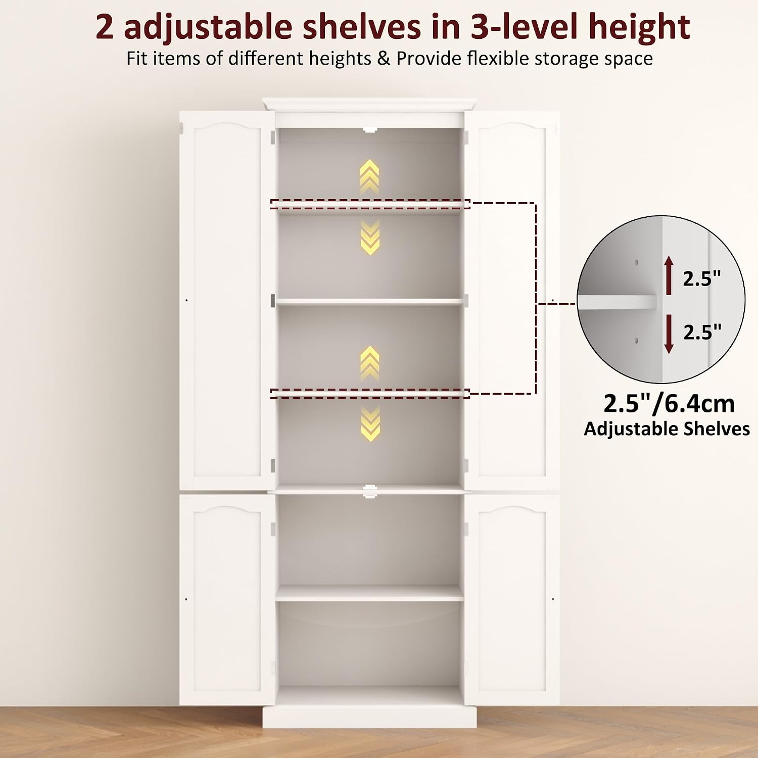 Function Home 72' Kitchen Pantry Cabinet, Tall Wood Storage Cabinet with Doors and Adjustable Shelves, 6-Tier Freestanding Cupboard for Kitchen Dining Room Living Room Bathroom, White