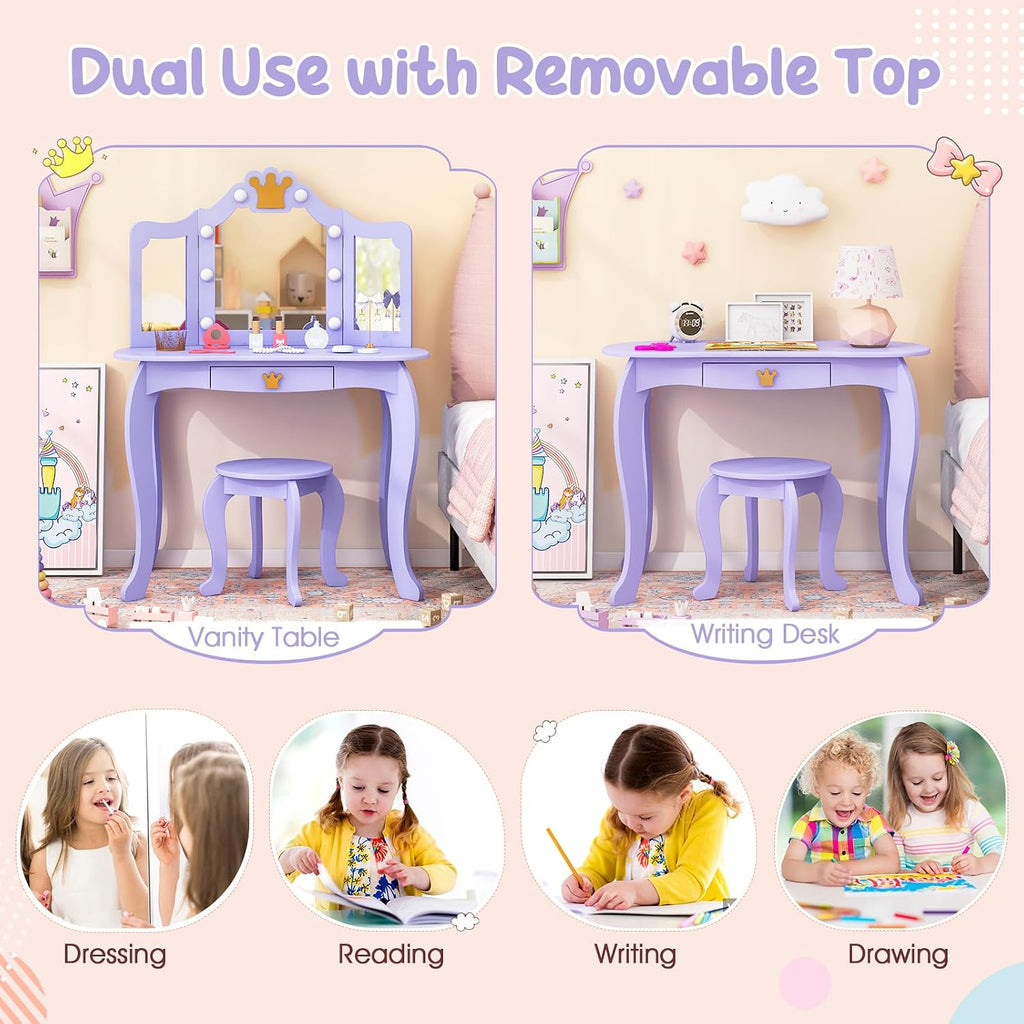 Costzon Kids Vanity with Lights, Girls Vanity Set with Mirror and Stool, Drawer, 2 in 1 Princess Makeup Desk Dressing Table, Kids Vanity Table and Chair Set, Violet