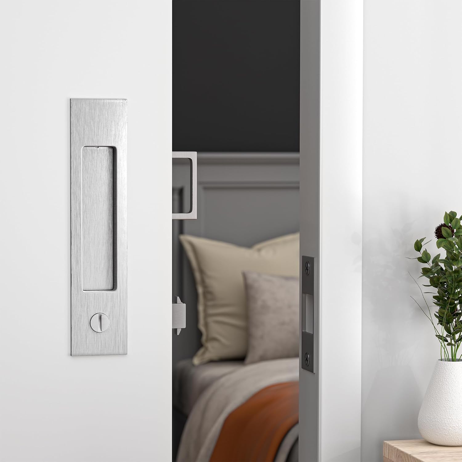 Dontay Pocket Door Handle and Edge Pull, Narrow Modern Rectangular Keyed Entry Function, Recessed Sliding Door Hardware for 1 3/8' to 2 3/16' Thickness Door (Privacy Lock, Brushed Nickel, 2 Pack)