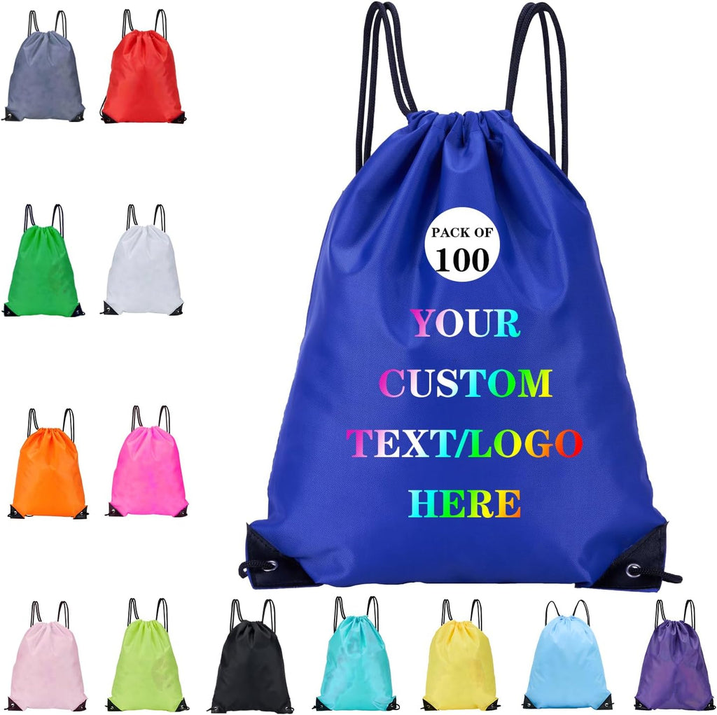Custom Bags With Your Logo Set of 100 Custom Backpack Draw String Bags Pack Bulk for Travelling Swimming Gym Everyday Use (Blue 3)