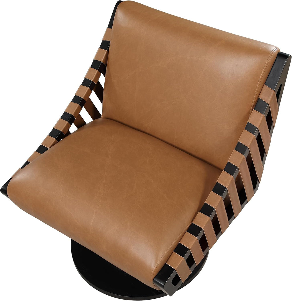 Meridian Furniture 33002Cognac Millwin Collection Art Deco Swivel Accent Chair with Rich Cognac Vegan Leather, Black Finish, Solid Wood Frame and Base, 28' W x 30' D x 32.5' H, Cognac