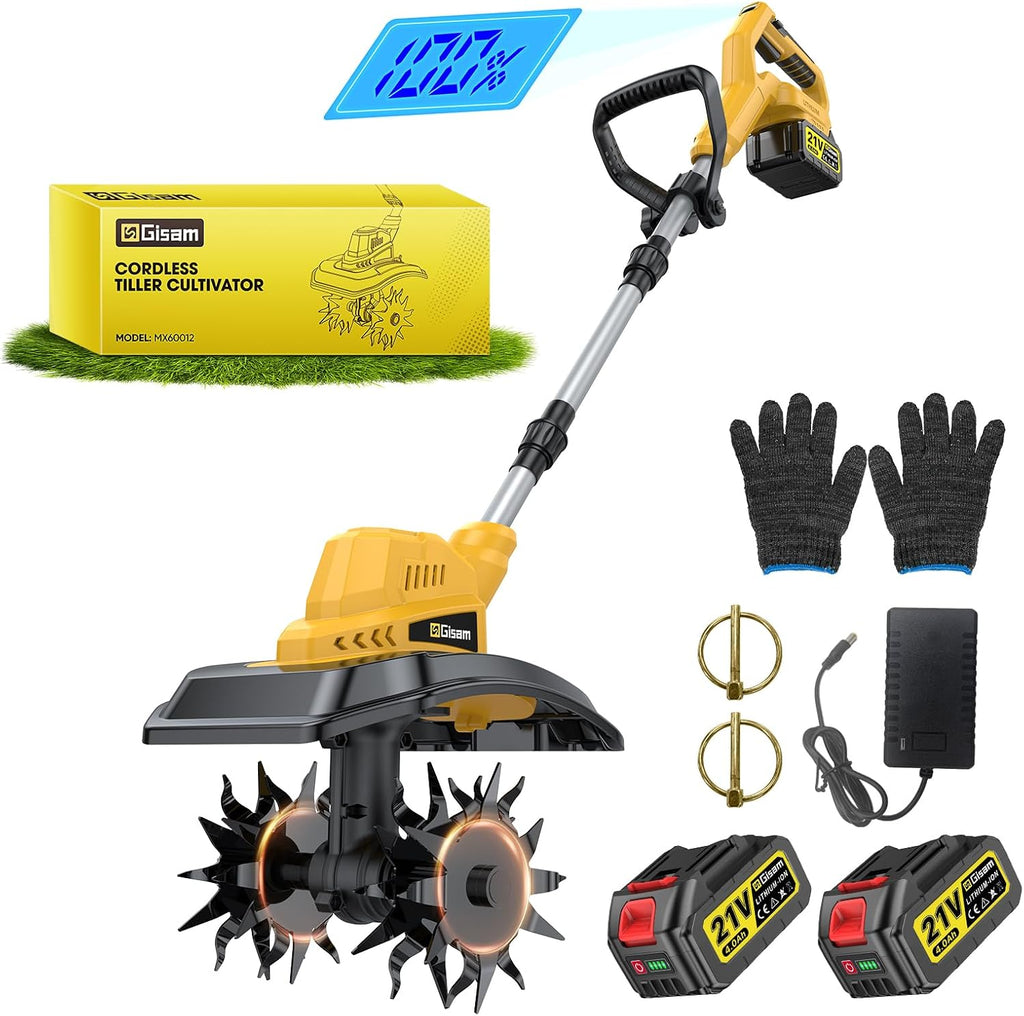 Cordless Tiller Cultivator, 400RPM Electric Rototiller with 2×4.0Ah Battery & Charger, 9' Width 8.3' Depth, Adjustable Foldable Garden Tiller with LED Power Display for Gardening/Soil Cultivation