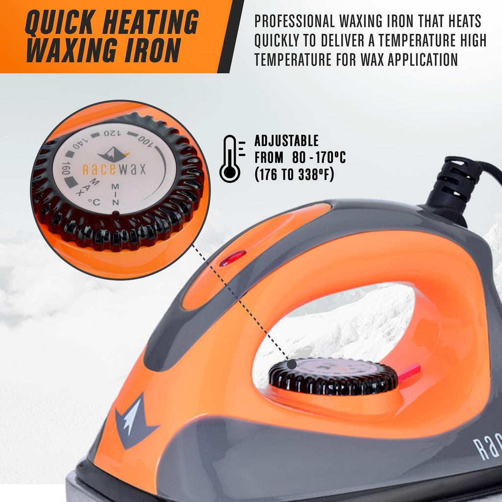 RaceWax Elite Ski and Snowboard Tuning and Waxing Kit - Complete with Waxing Iron, Angled Edge Tuner, Universal Temperature Wax, Edge Tools, Base Repair Tools, and Cordura Travel Bag - (PC-7909)