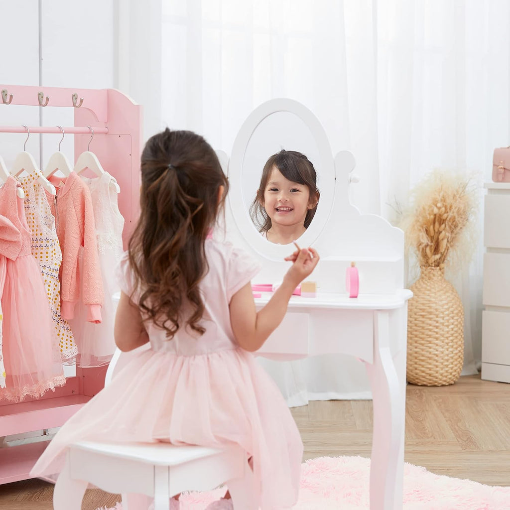 Teamson Kids Princess Rapunzel Wooden 2-pc. Play Vanity Set with Three Storage Drawers, Rotating Oval Mirror and Matching Stool to Play Dress-up, Princess or Beauty Shop, White