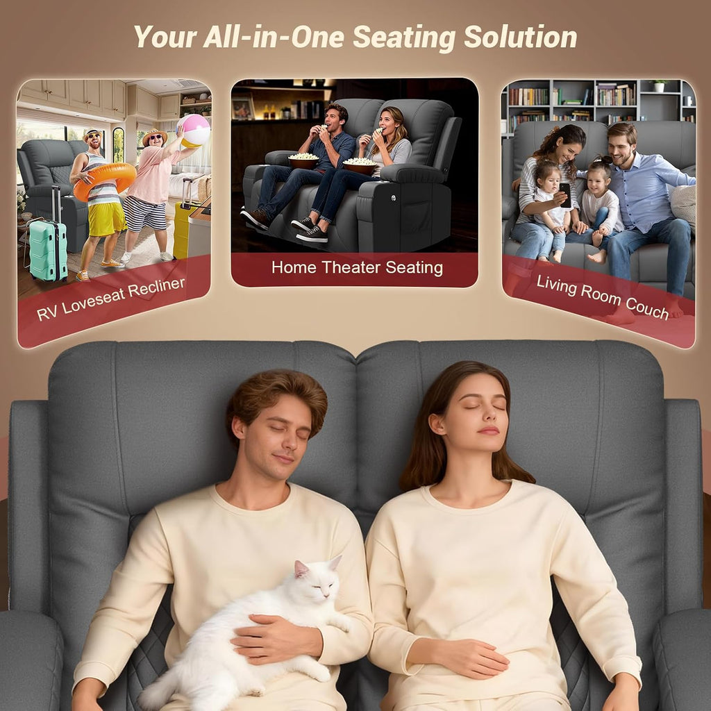 FURNIMAT 2026 Fabric Loveseat Recliner Sofa, 2 Seater Reclining Loveseat Sofa, RV Loveseat Couch, Modern Recliner Chair for Living Room, with Cup Holder and 2 Cell Phone Holders, USB Ports, Gray