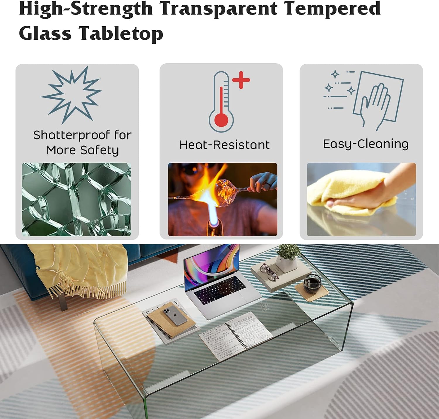 ReunionG Glass Coffee Table, Modern Clear Coffee Table with Rounded Edges, Transparent Tempered Glass Coffee Table, U-Shaped Side Table for Living Room Office, 42.5' x 20' x 14' (L x W x H)