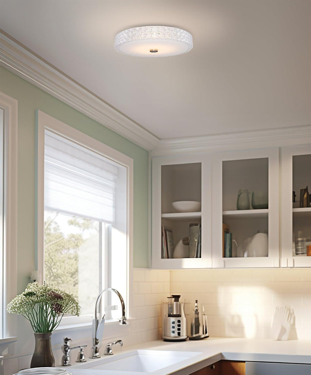 Kira Home Maxine 15' Modern Integrated LED Crystalline Flush Mount (25W), 3000K Warm White Light Low-Profile Clear Crystal Ceiling Light with Heavy Frosted Glass Diffuser, White Finish