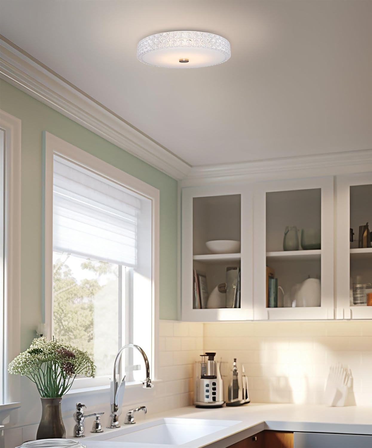 Kira Home Maxine 15' Modern Integrated LED Crystalline Flush Mount (25W), 3000K Warm White Light Low-Profile Clear Crystal Ceiling Light with Heavy Frosted Glass Diffuser, White Finish