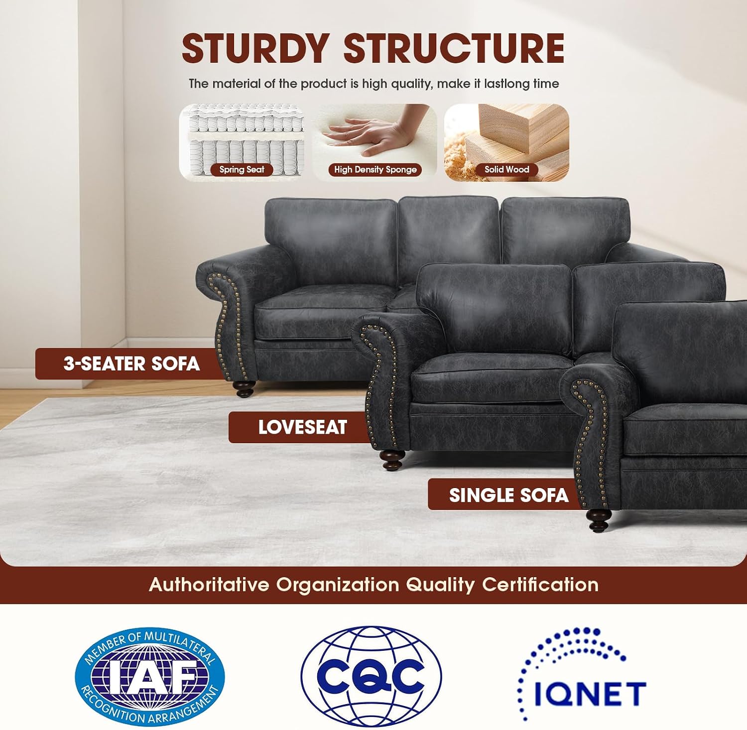 Couchus Living Room Furniture Sets,Sofa Sets and Couch Sets for Living Room,Mid-Century Vintage Sofa Couches with Rivet Design (Grey, 2 Loveseat+3 Seater)