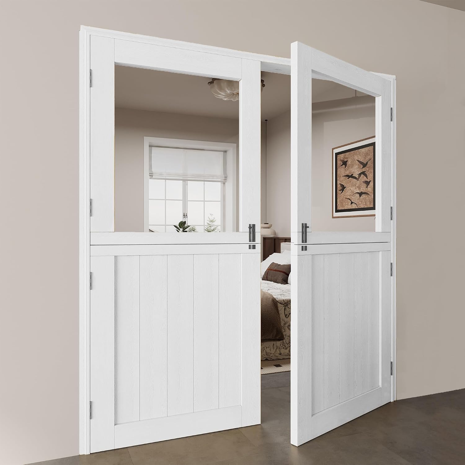 Double French Dutch Door Slab, 60'x 80' Interior Pre-Assembled 1.38' White Solid Wood Core with Clear Glass Panel, 4 Hinges & Latch Included, Pocket Barn Doors for Living Room Pantry Closet Porch