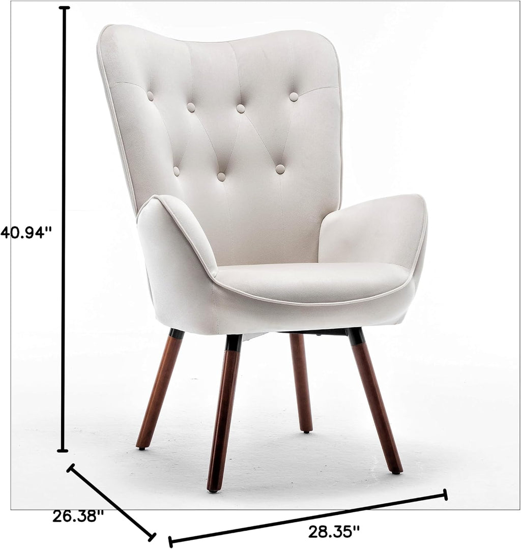 Container Furniture Direct Chic Accent Arm Chairs for Living Room, Bedroom, or Home Office, Button-Tufted Midcentury Armchair with Wingback Design and Splayed Legs, Ivory