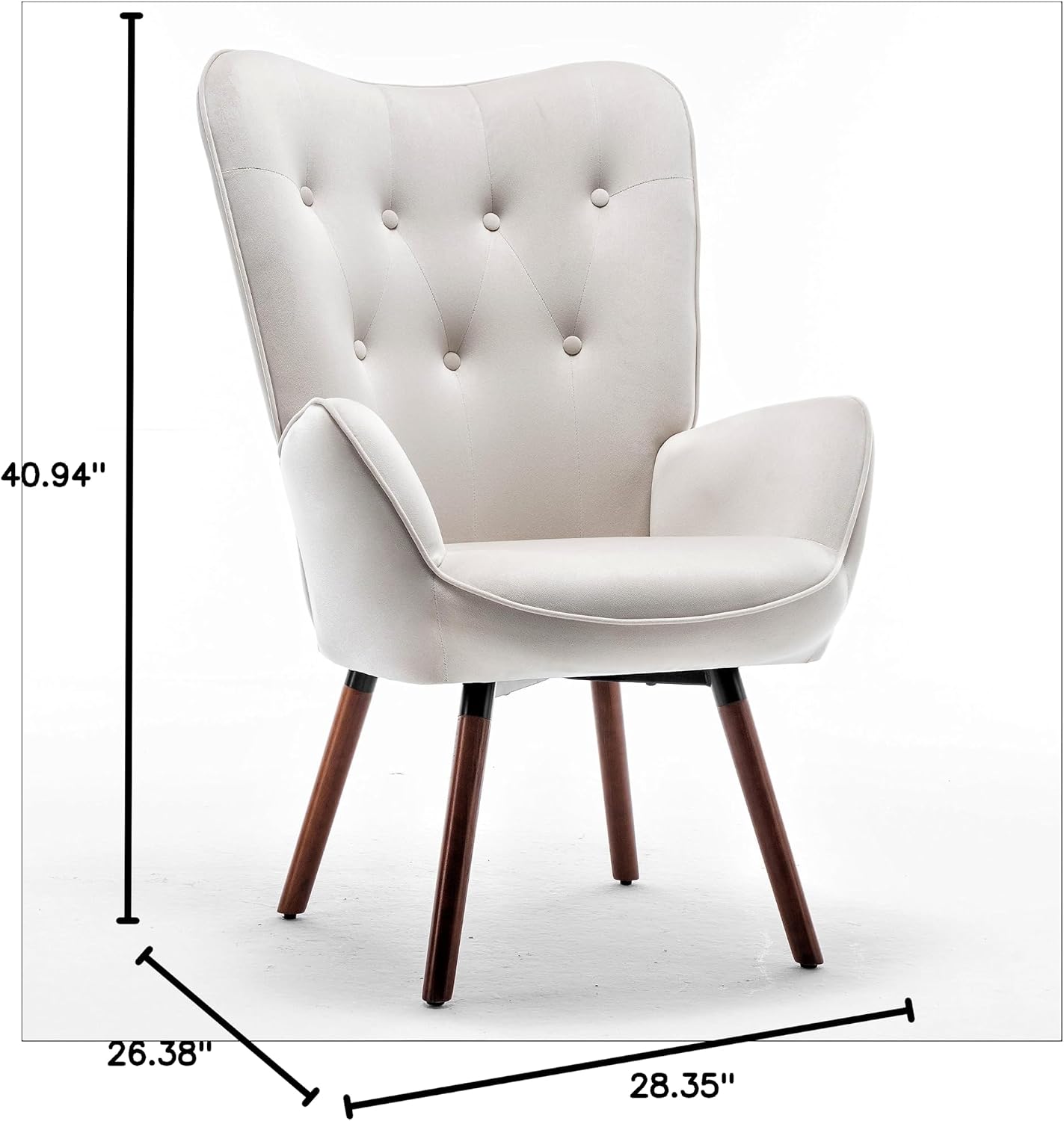 Container Furniture Direct Chic Accent Arm Chairs for Living Room, Bedroom, or Home Office, Button-Tufted Midcentury Armchair with Wingback Design and Splayed Legs, Ivory