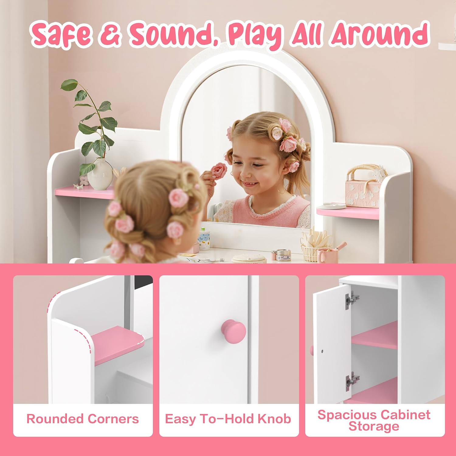 Kids Vanity with LED Mirror and Chair, Girls Vanity Set with Storage Cabinet and Shelves, Toddler Vanity Table and Chair Set for Bedroom Playroom, Pink and White Girl Vanity for Ages 3-8