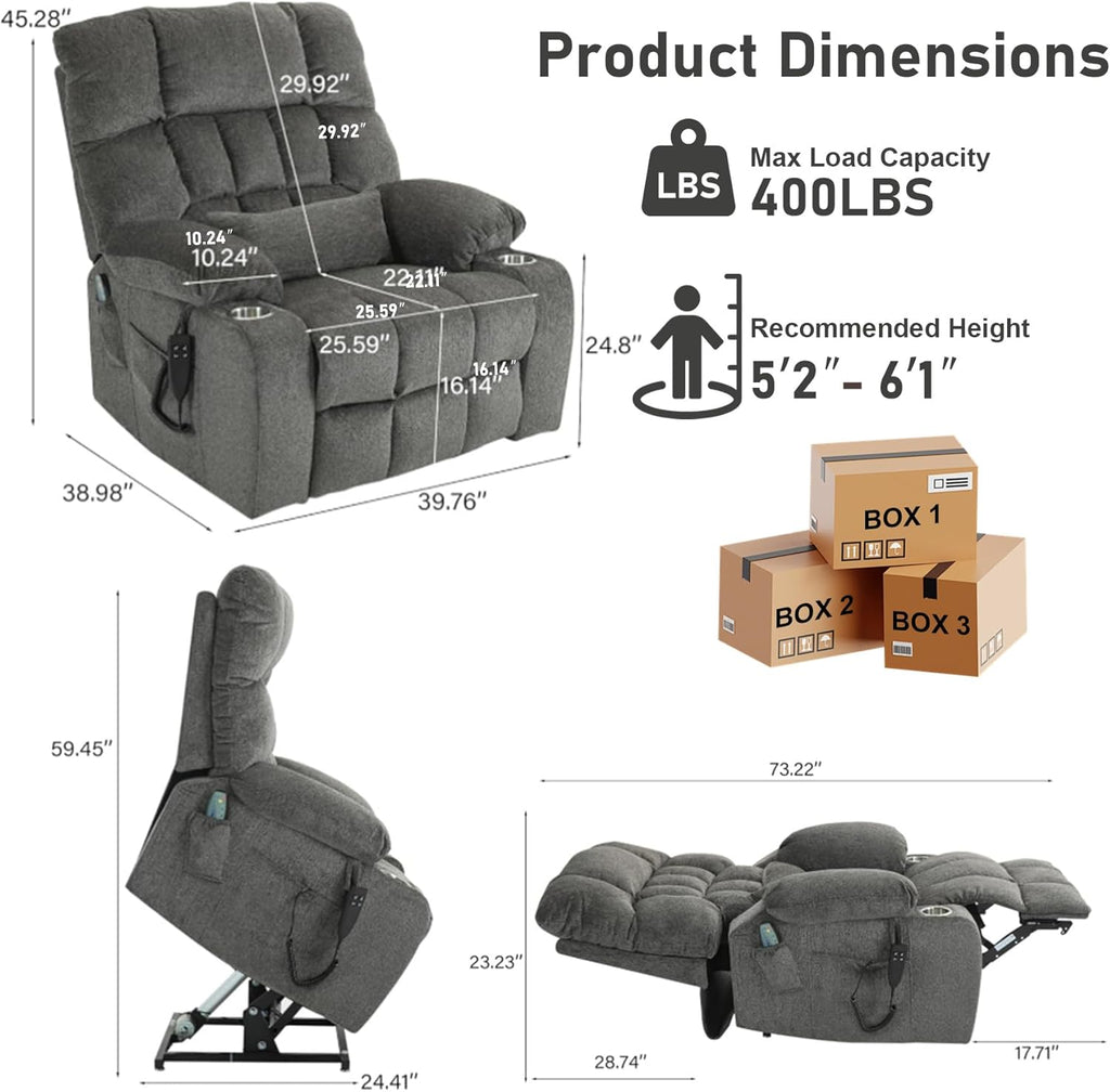 Oversized Power Recliner Chair for Big and Tall 400 LBS, 25.5' Extra Wide Electric Lift Chair with Heat and Massage, Dual Motor 180° Lay Flat Recliner Living Room Sofa, Chenille Big Lift Chair