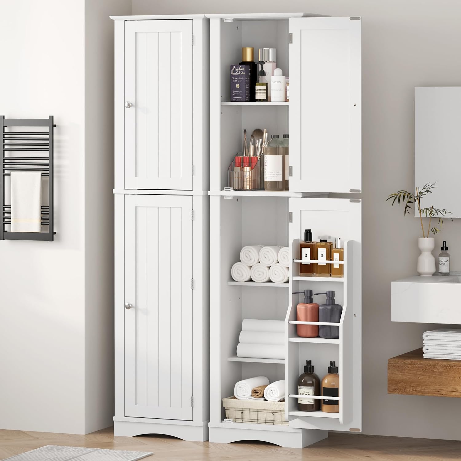 Function Home Tall Storage Cabinet, 64' Narrow Bathroom Cabinets, Freestanding Kitchen Pantry with Door Storage Shelves, Wooden Slim Floor Cabinets for Kitchen Dining Living Room, White