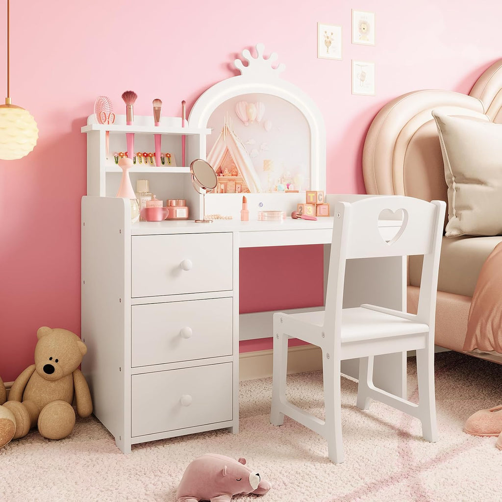GAOMON Kids Vanity Table and Chair Set with Mirror & LED Lights, 2-in-1 White Princess Wooden Makeup Desk with Storage Shelves and Drawers, Pretend Play, White