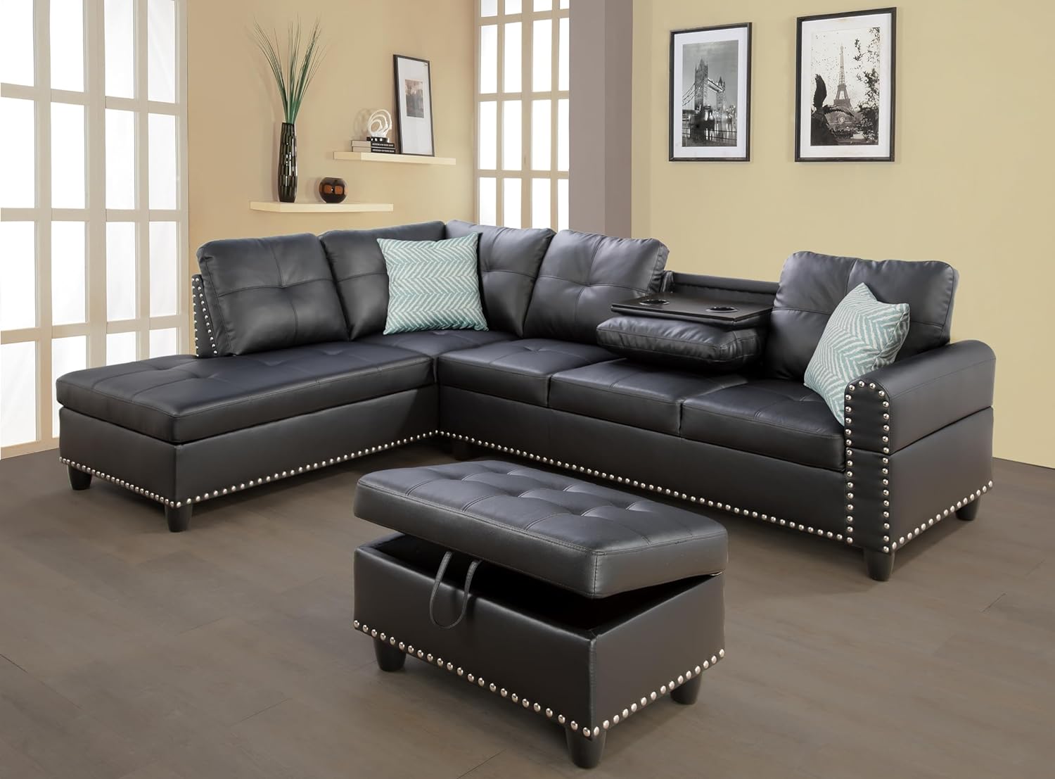 Wakefit Sectional Sofa Couch, Modern 4-Seaters Living Room Furniture Sets with Chaise Lounge, Ottoman & 2 Pillows | L Shape Couch | Cup Holder | Faux PU Leather, Black