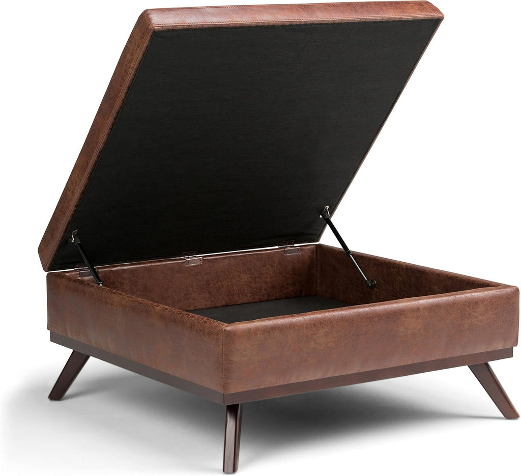 SIMPLIHOME Owen Square Coffee Table Storage Ottoman - 36 inch Wide Upholstered Vegan Leather Lift-Top Ottoman in Distressed Saddle Brown, Mid-Century Modern Ottoman for Living Room with Tufted Detail