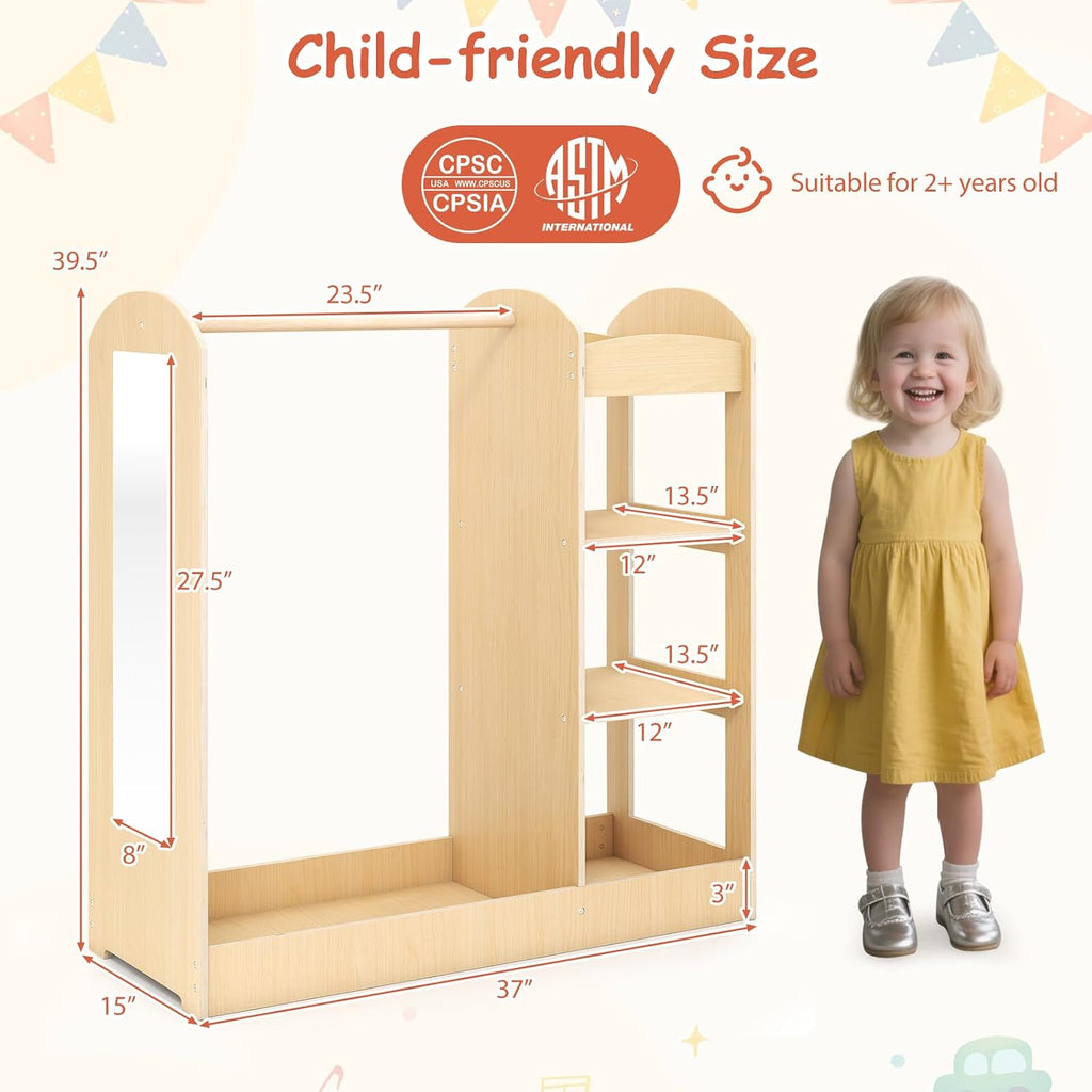 HONEY JOY Kids Dress up Storage with Mirror, Wooden Children Costume Wardrobe Closet, Open Hanging Toddler Armoire, Pretend Play Baby Dresser for Bedroom Playroom, Gift for 2+ Years Old (Natural)