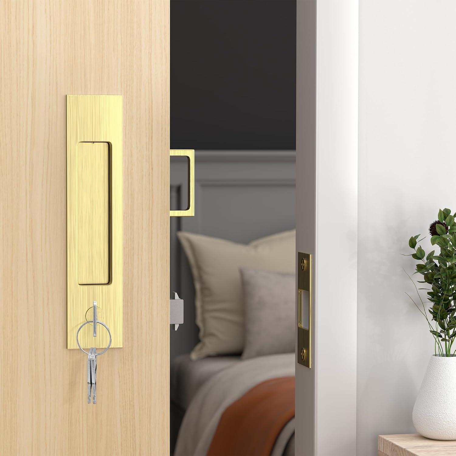 Dontay Pocket Door Handle and Edge Pull, Narrow Modern Rectangular Keyed Entry Function, Recessed Sliding Door Hardware for 1 3/8' to 2 3/16' Thickness Door (Keyed Lock, Satin Brass, 2 Pack)