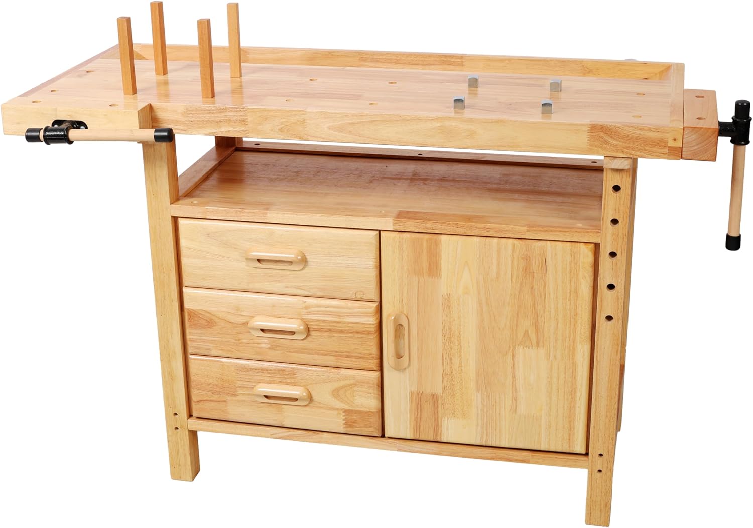 Montary 50' Professional Rubberwood Heavy Duty Workbench with 3 Drawers, 1 Cabinet Door & Open Shelf Integrated Vises, Wood Work Bench for Garage, Woodworking Carpenter Workshop & Home Use