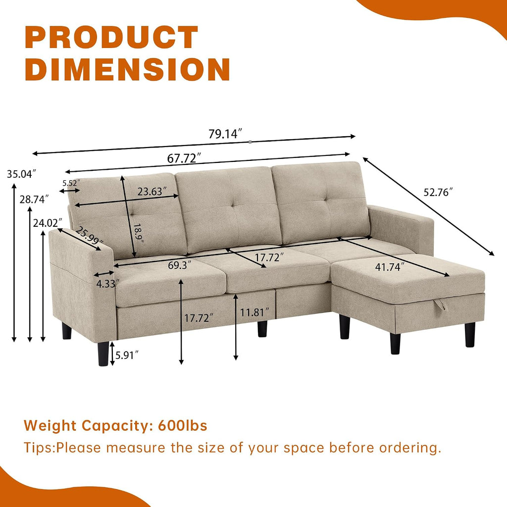 Sectional Sofa Couches for Living Room, L Shaped Couch 3-Seat Convertible Sectional Sofas with Removable Storage Ottoman, Modern Polyester Fabric (Beige)