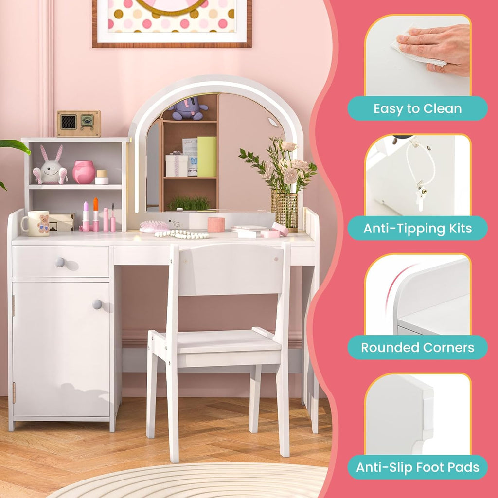INFANS Kids Vanity, Princess Makeup Desk and Chair Set with Lights Mirror Drawer Storage Shelves, Wooden Dressing Table, Pretend Play Vanity Set for Girls