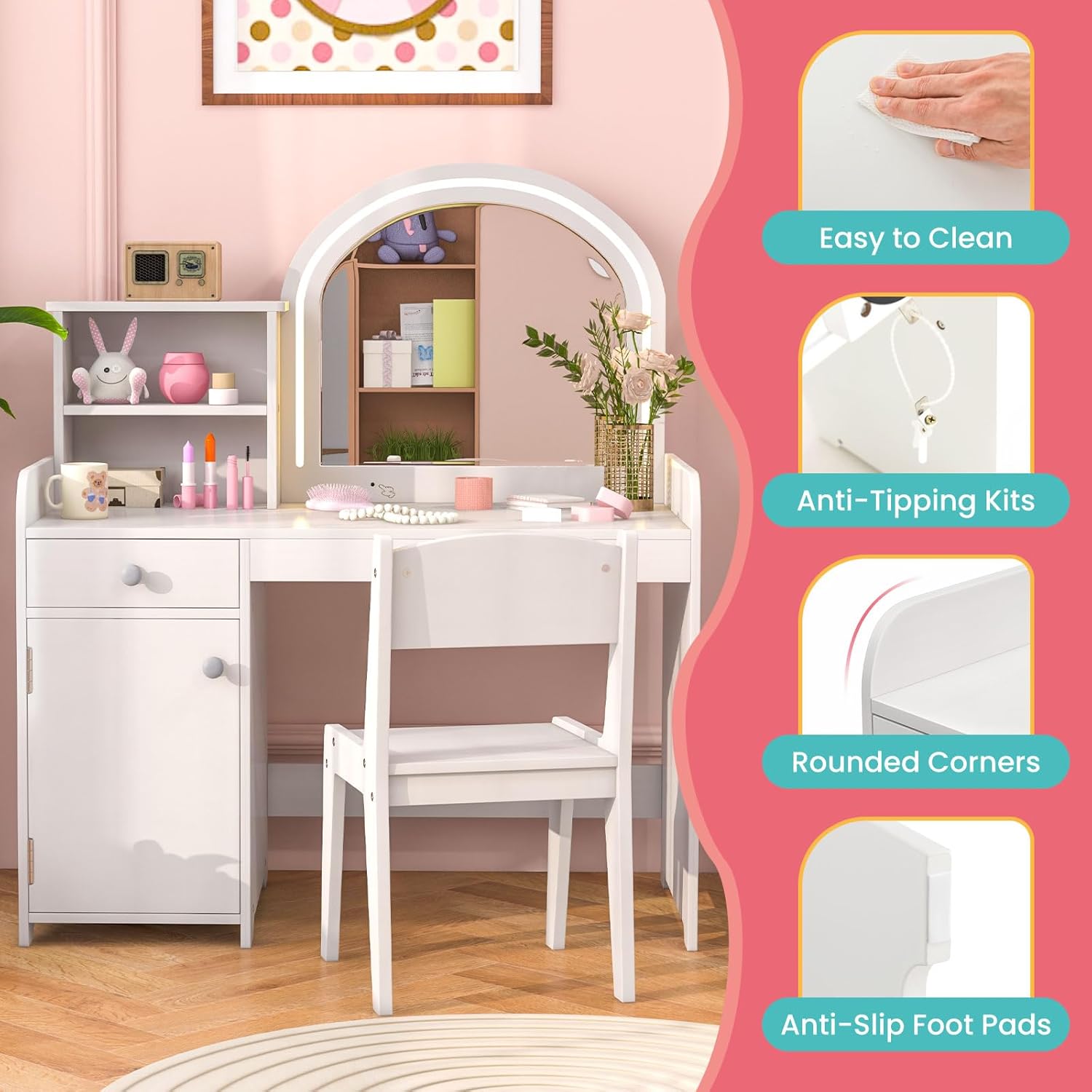 INFANS Kids Vanity, Princess Makeup Desk and Chair Set with Lights Mirror Drawer Storage Shelves, Wooden Dressing Table, Pretend Play Vanity Set for Girls