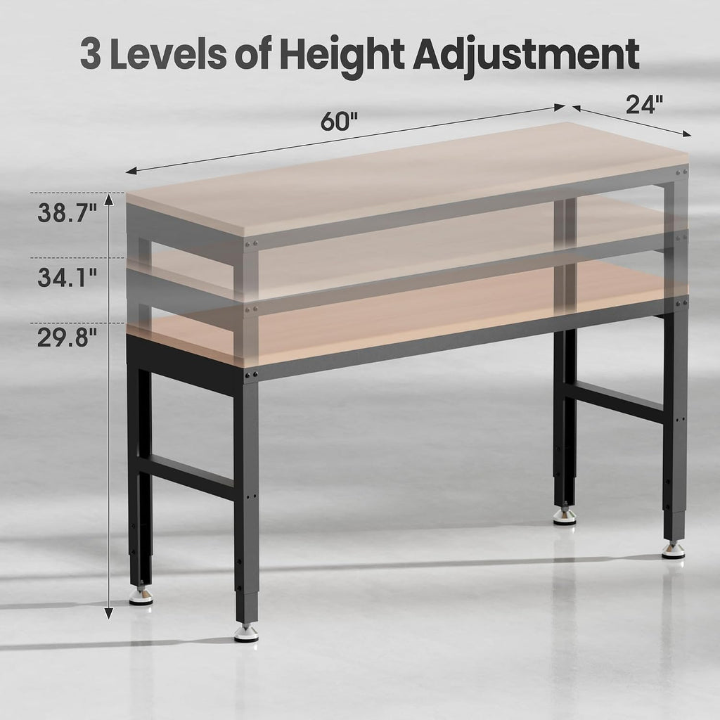Antifir 60' Adjustable Workbench，Heavy Duty Wood Work Bench 2000 Lbs Load Capacity,Work Table for Garage, Workshop, Office, Home