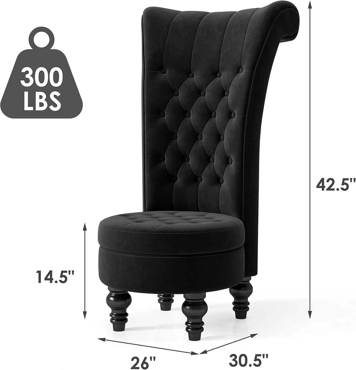 MU Retro High Back Armless Chair, Velvet Royal Furniture Chair, Upholstered Tufted Accent Seat for Living Room, Dressing Room, Bedroom, Black