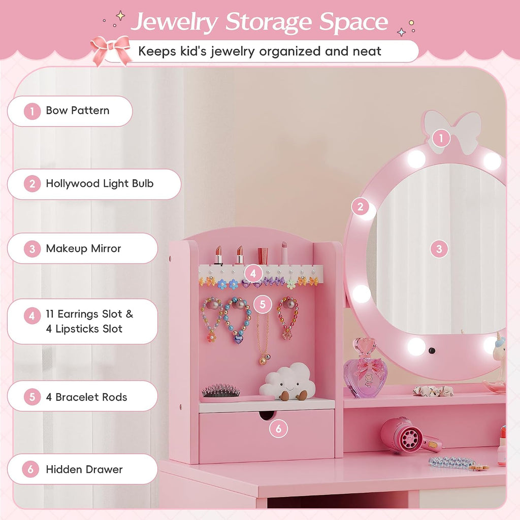 TOLEAD Kids Vanity, Girls Vanity Set with Mirror and Stool and Lights, Toddler Vanity Table and Chair Set with Jewelry Storage, Wooden Princess Makeup Desk Dressing Table for Girls, Pink