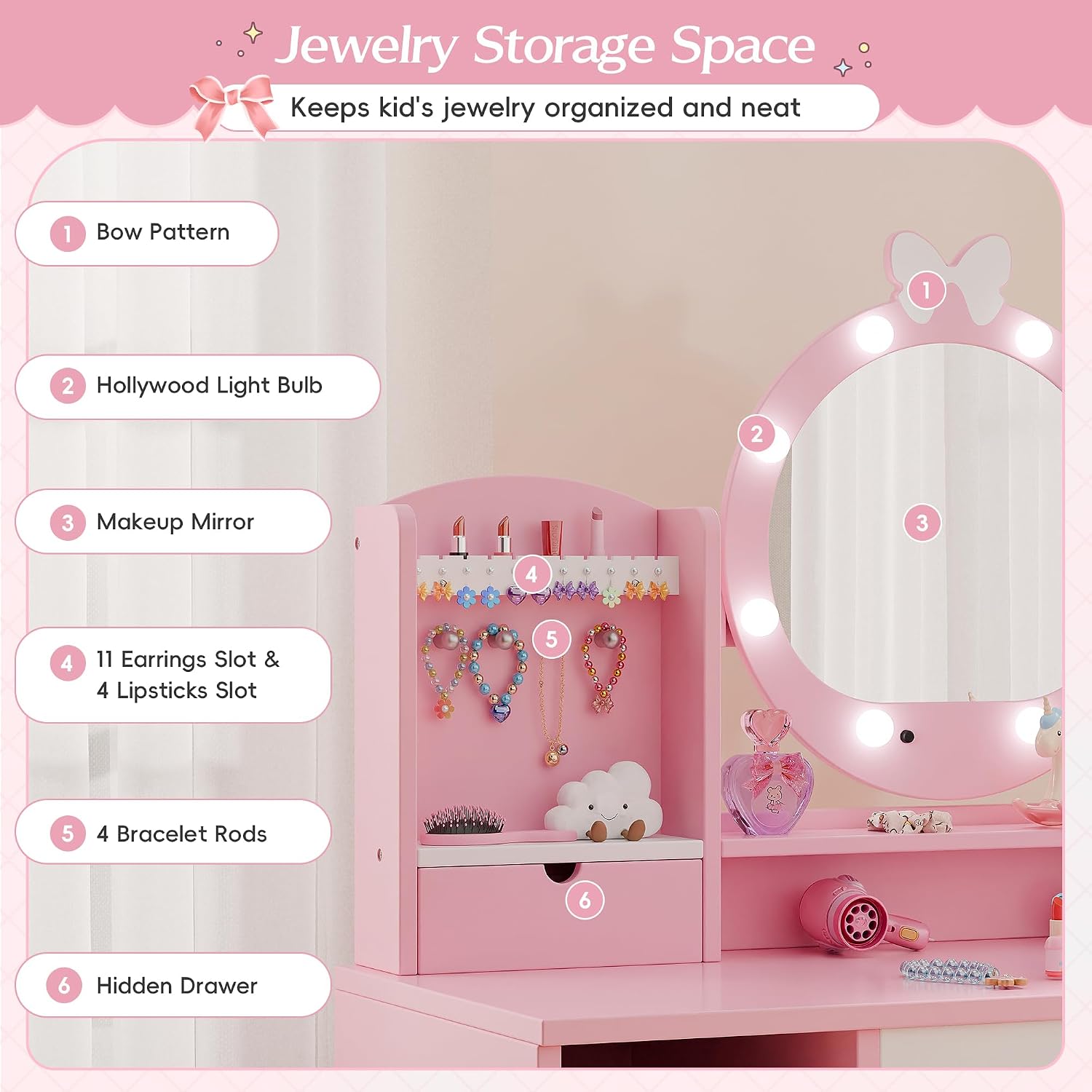 TOLEAD Kids Vanity, Girls Vanity Set with Mirror and Stool and Lights, Toddler Vanity Table and Chair Set with Jewelry Storage, Wooden Princess Makeup Desk Dressing Table for Girls, Pink