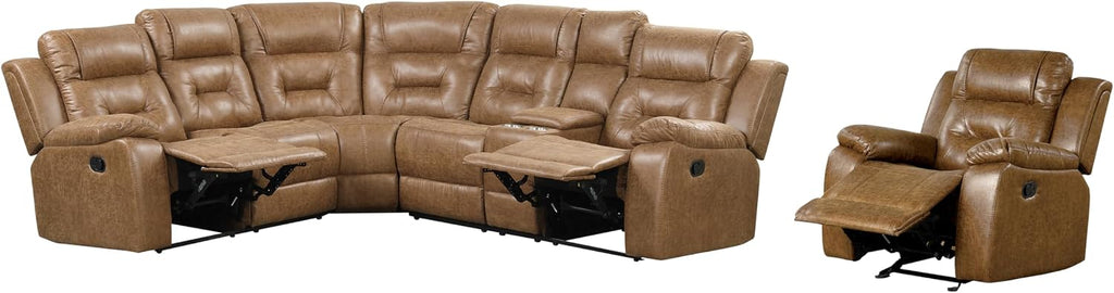 Furniture of America Undering Modern Faux Leather 2-Piece Sectional and Recliner Set with Storage Console, Stainless Steel Cup Holders, Pillow Top Arms for Living Room, Home Theatre, Brown