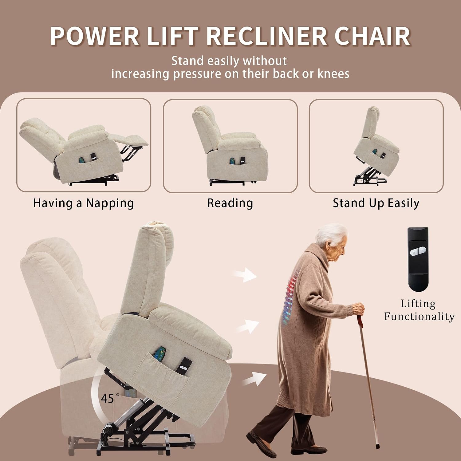 Korser Oversized Power Lift Recliner for Elderly, Extra Wide Electric Recliner Chairs with Massage and Heat, Reclining Chair with Side Pockets, Recliner for Living Room (Cashmere, Khaki)