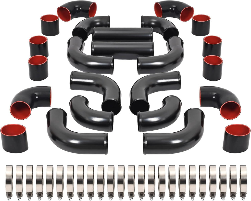 KUAFU 12 PCS 3' Universal Aluminium Turbo Intercooler Piping & Silicone Coupler & Clamp Kit Electrophoresis Black & Silvery