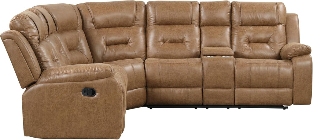 Furniture of America Undering Modern Faux Leather 2-Piece Sectional and Recliner Set with Storage Console, Stainless Steel Cup Holders, Pillow Top Arms for Living Room, Home Theatre, Brown