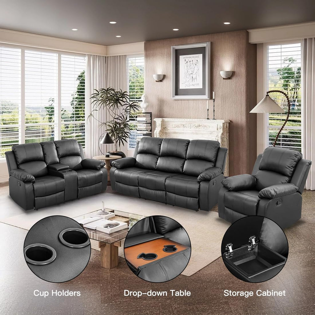 Manual Reclining Couch Sofa Set with Drop-Down Table, 3 Pieces Black Leather Recliner Couch Sets, Living Room Furniture Sets, Recliner Sofa with Storage Console/Cup Holder for Home/Apartment